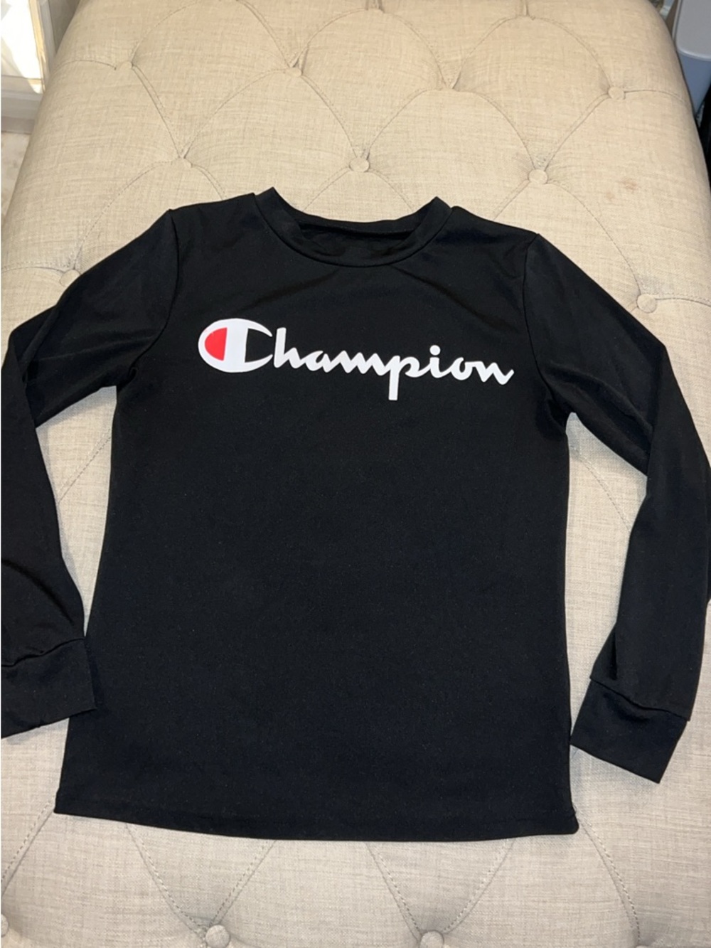 Womens Champion Black Long-Sleeve Logo Tee with Red Accent